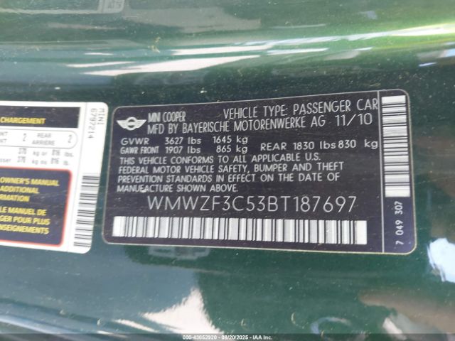 2011 MINI COOPER CLUBMAN WMWZF3C53BT187697 Photo 8