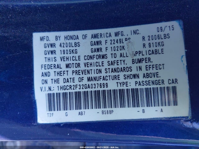 1HGCR2F32GA037699 Honda k24w1