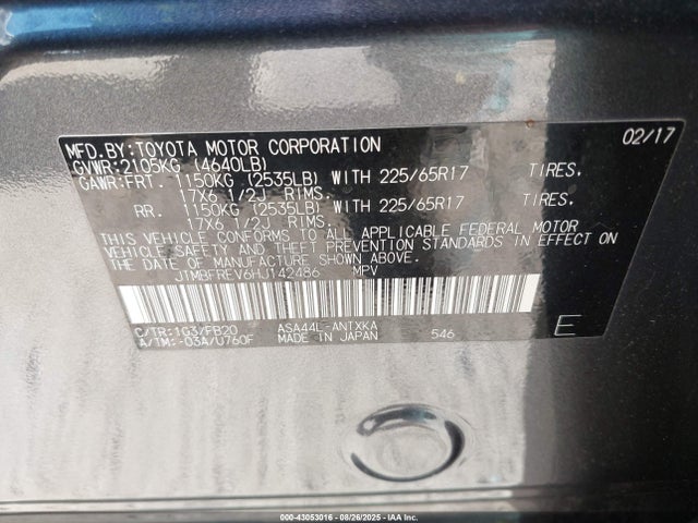 JTMBFREV6HJ142486 Toyota 2ar-fe
