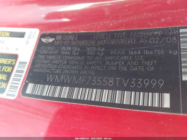 2008 MINI COOPER S WMWMF73558TV33999 Photo 8