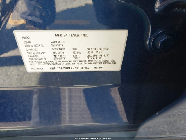7SAYGDEE7NA018353 Tesla Model Y