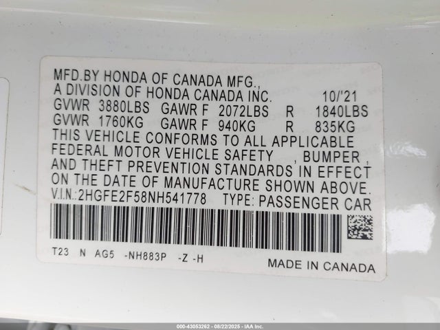 Honda k20c2 2022 2HGFE2F58NH541778 Image 17