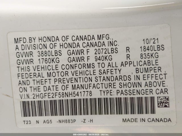 Honda k20c2 2022 2HGFE2F58NH541778 Image 9