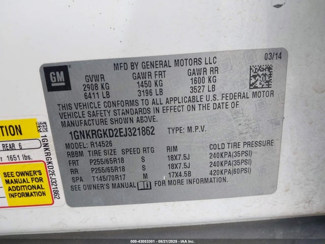 1GNKRGKD2EJ321862 Chevrolet llt