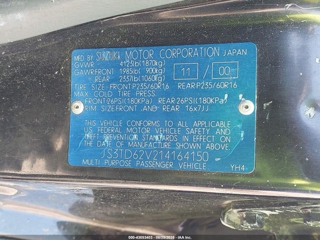 Продажа на аукционе авто 2001 Suzuki Grand Vitara Jlx/jlx+/limited, vin: JS3TD62V214164150, номер лота: 43053403