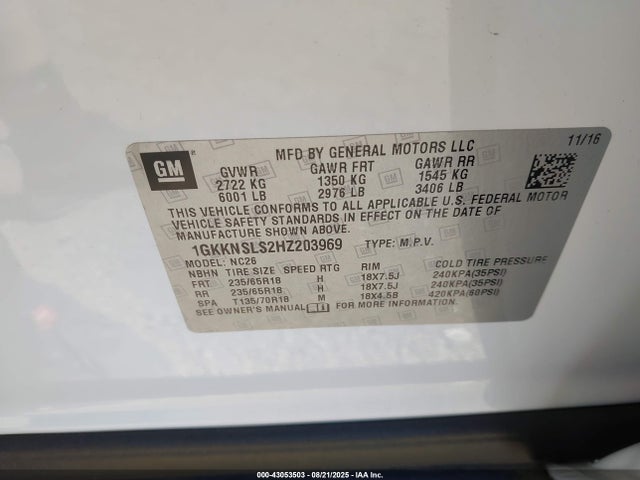 1GKKNSLS2HZ203969 GMC lgx - di: direct injection, vvt: variable valve timing, alum, gen 2