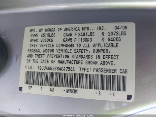 2006 ACURA TL 19UUA66266A047564 Photo 8