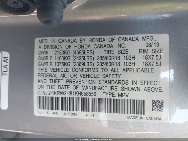 2HKRW2H81KH658556 Honda Cr-v Ex-l