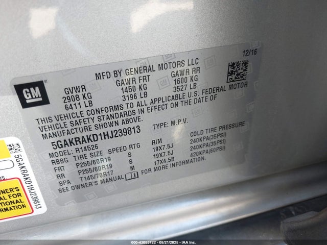 5GAKRAKD1HJ239813 Buick llt - alum, 60 degrees, sidi: spark ignited direct injection