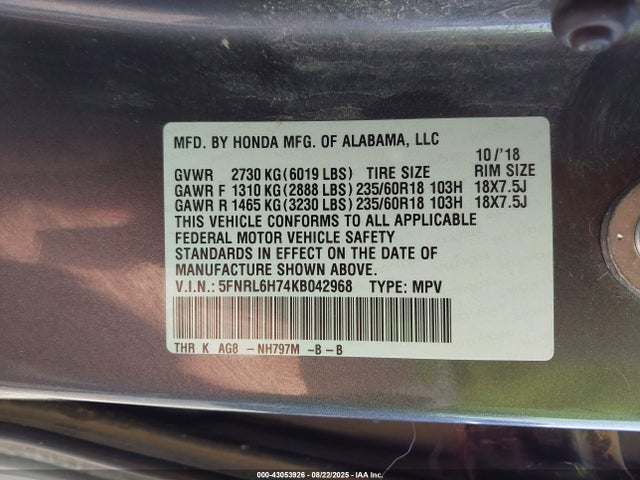 5FNRL6H74KB042968 Honda j35y7