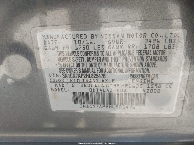 3N1CN7AP2HL825476 Nissan Versa