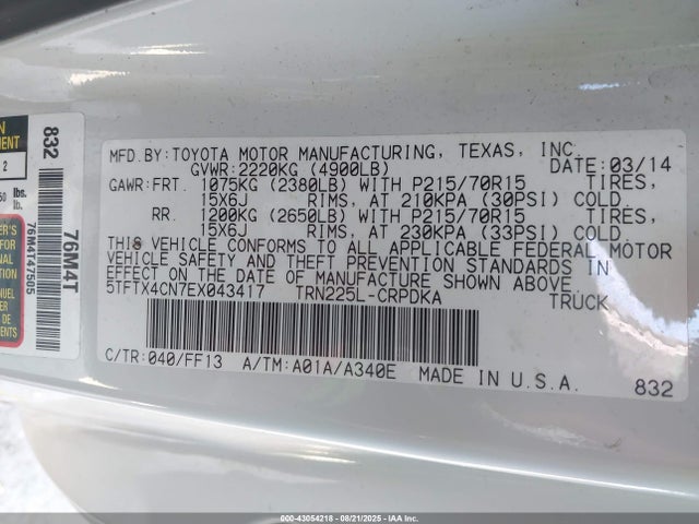 5TFTX4CN7EX043417 Toyota 2tr-fe