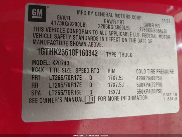 2008 Gmc Sierra 2500hd Slt მანქანა იყიდება აუქციონზე, vin: 1GTHK23618F160342, აუქციონის ნომერი: 43054313
