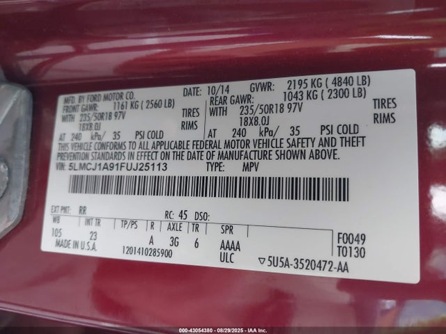 Продажа на аукционе авто 2015 Lincoln Mkc, vin: 5LMCJ1A91FUJ25113, номер лота: 43054380