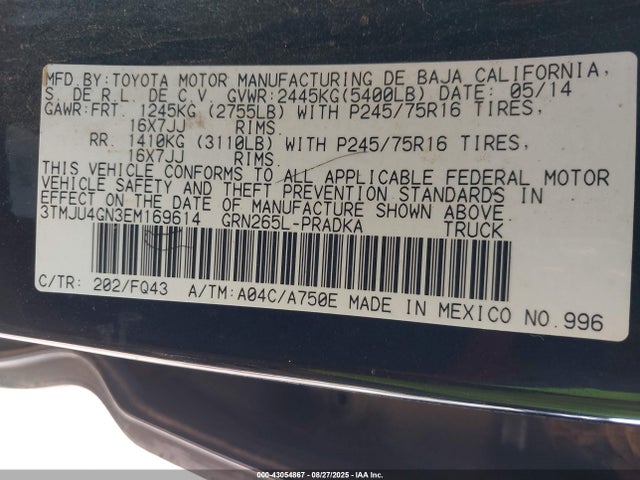 Toyota 1gr-fe 2014 3TMJU4GN3EM169614 Image 9