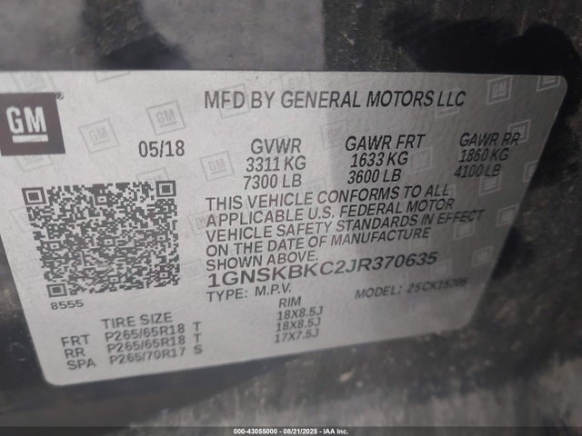 1GNSKBKC2JR370635 Chevrolet l83 - spark ignited direct injection, variable valve timing, afm, e85 max, alum