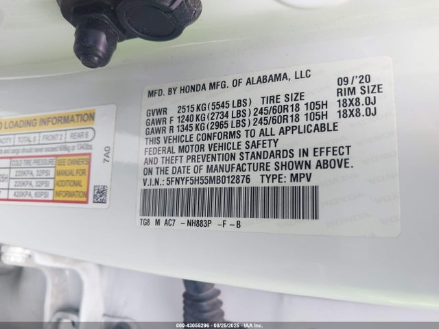 Honda j35y6 2021 5FNYF5H55MB012876 Image 9