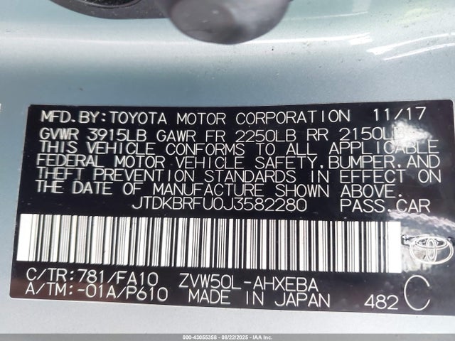 JTDKBRFU0J3582280 Toyota 2zr-fxe,1nm