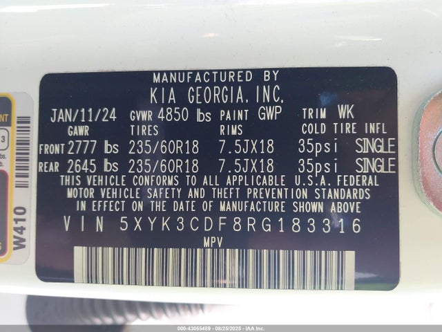 5XYK3CDF8RG183316 KIA gdi theta iii