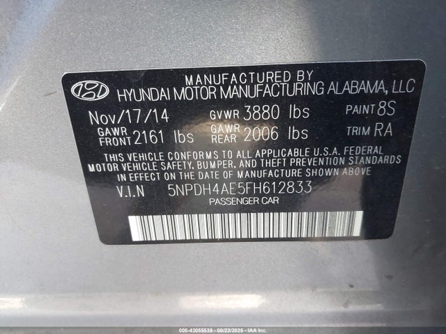 Hyundai dohc mpi nu 2015 5NPDH4AE5FH612833 Image 9