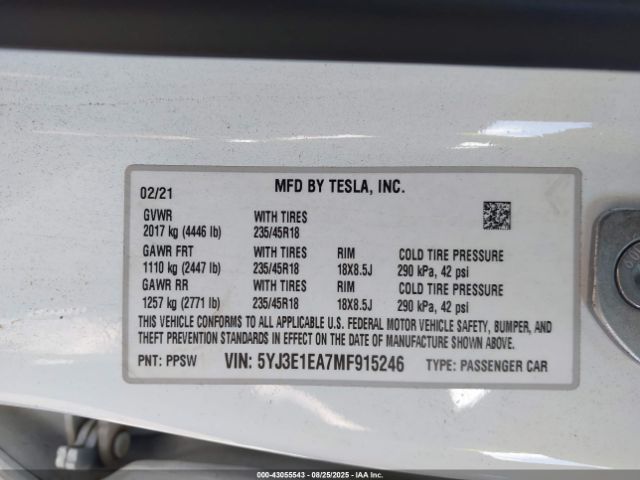 2021 TESLA MODEL 3 5YJ3E1EA7MF915246 Photo 8
