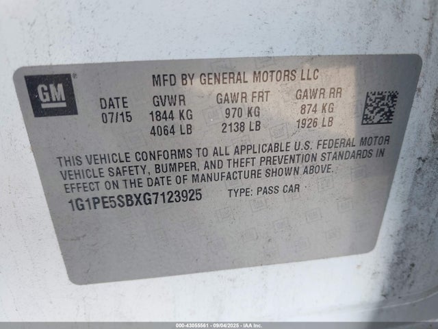 1G1PE5SBXG7123925 Chevrolet luv - vvt, alum, e85 max