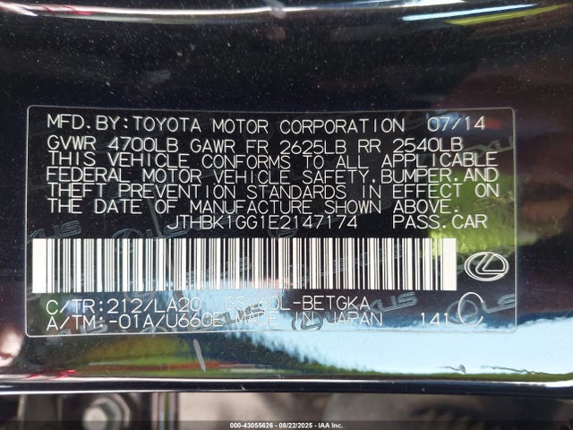 Lexus 2gr-fe 2014 JTHBK1GG1E2147174 Image 9