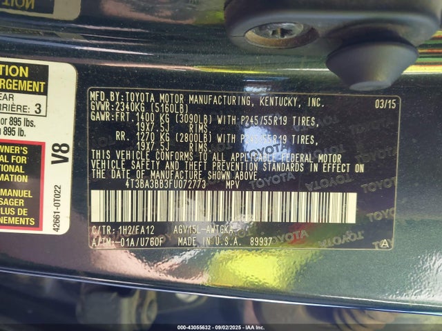 Toyota 1ar-fe 2015 4T3BA3BB3FU072773 Image 9