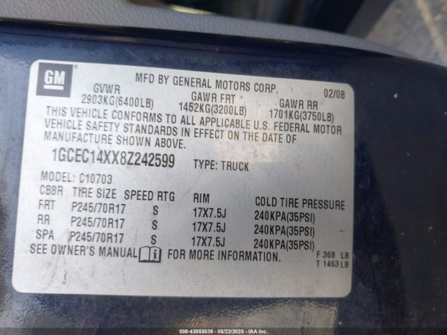 43055839 :رقم المزاد ، 1GCEC14XX8Z242599 vin ، 2008 Chevrolet Silverado 1500 Work Truck مزاد بيع