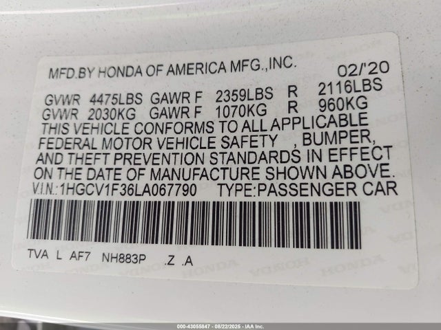 1HGCV1F36LA067790 Honda l15be