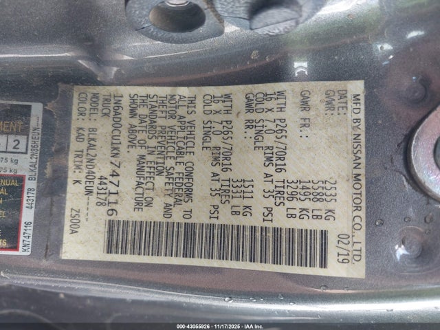 1N6AD0CU1KN747116 Nissan Frontier Sv