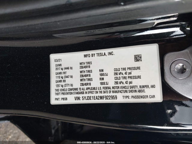 2021 TESLA MODEL 3 5YJ3E1EA2MF922959 Photo 8
