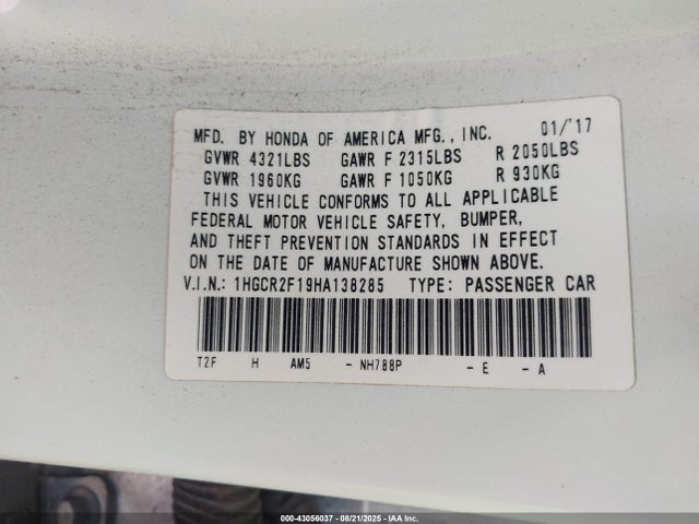 1HGCR2F19HA138285 Honda k24w1