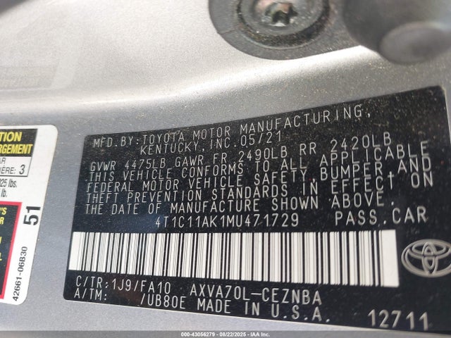 4T1C11AK1MU471729 Toyota a25a-fks