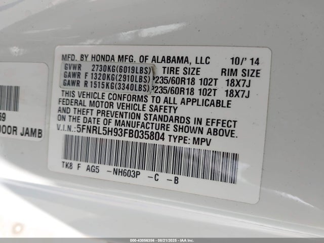Honda j35z8 2015 5FNRL5H93FB035804 Image 9