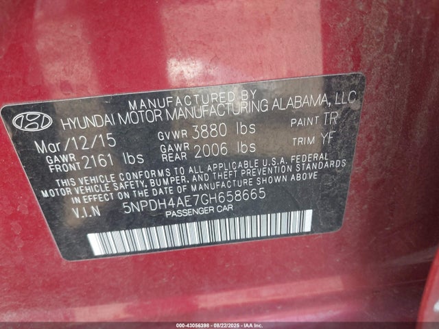 5NPDH4AE7GH658665 Hyundai dohc mpi nu