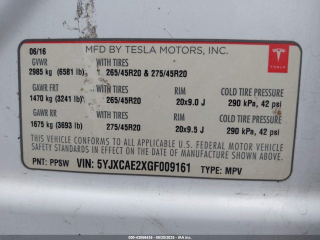 2016 TESLA MODEL X 5YJXCAE2XGF009161 Photo 8