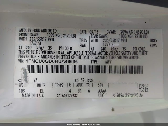 1FMCU0GD6HUA49696 Ford gtdi sigma w/premium fuel