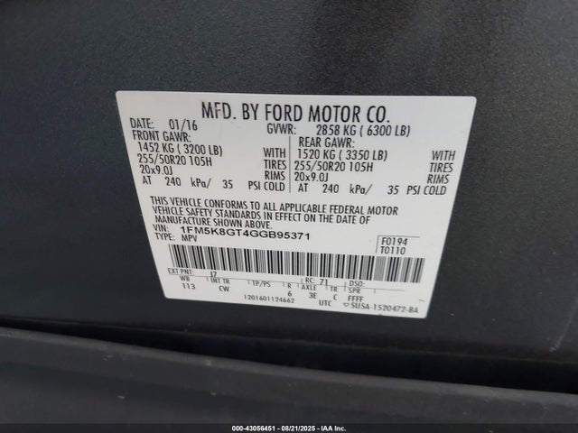1FM5K8GT4GGB95371 Ford 2016