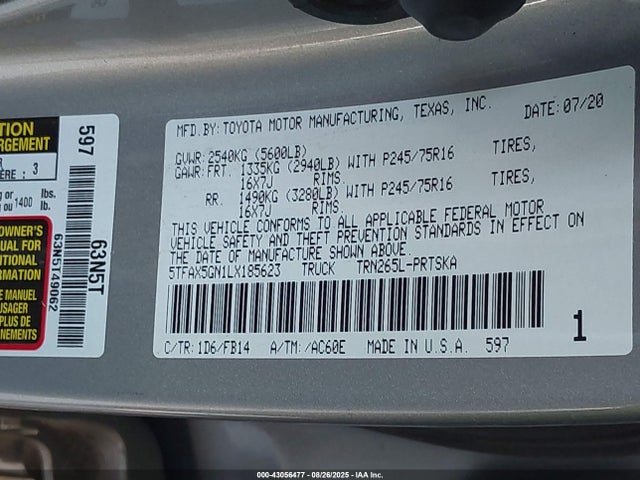 5TFAX5GN1LX185623 Toyota 2tr-fe