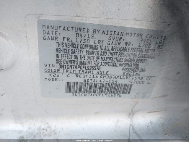 3N1CN7AP0FL926576 Nissan Versa
