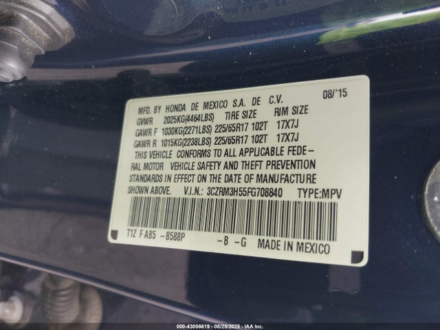 Honda k24w9/k24v1 2015 3CZRM3H55FG708840 Image 9