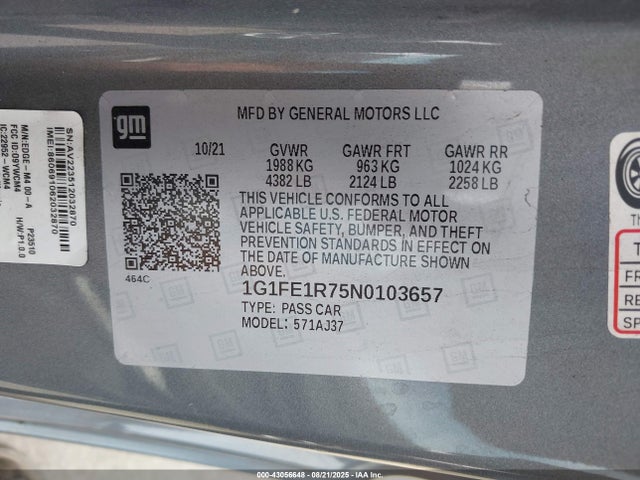 1G1FE1R75N0103657 Chevrolet lt1 - direct injection, afm, variable valve timing, high output, alum