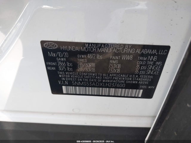 5NMS53ADXLH237600 Hyundai gdi theta ii