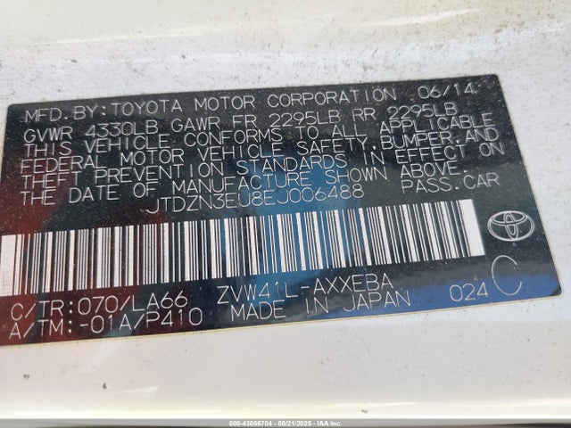 JTDZN3EU8EJ006488 Toyota 2zr-fxe+5jm