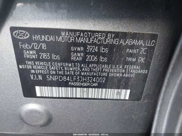 5NPD84LF3JH324002 Hyundai mpi nu