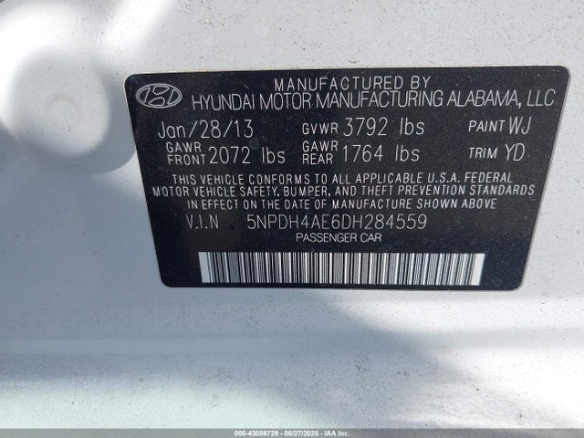 2013 Hyundai Elantra Gls მანქანა იყიდება აუქციონზე, vin: 5NPDH4AE6DH284559, აუქციონის ნომერი: 43056729