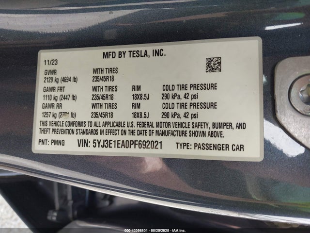 Aukcja sprzedaży 2023 Tesla Model 3 Rear-wheel Drive, vin: 5YJ3E1EA0PF692021, numer aukcji: 43056801