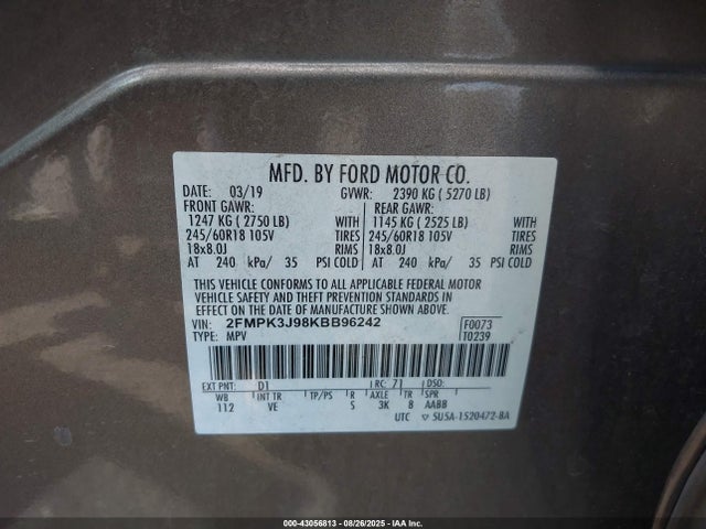 2FMPK3J98KBB96242 Ford 2.0l gtdi w/premium fuel