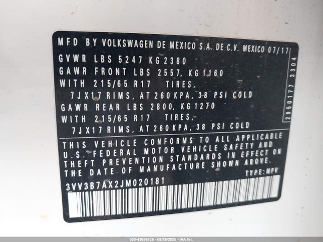 3VV3B7AX2JM020181 Volkswagen Tiguan
